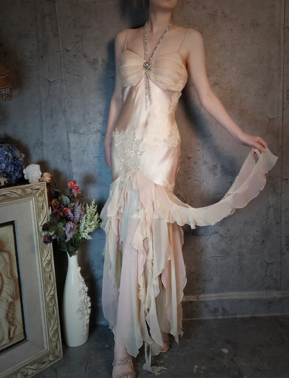 Elegant Light Pink Mermaid Beaded Layered Ruffled Satin Prom Dress Evening Dress P4321