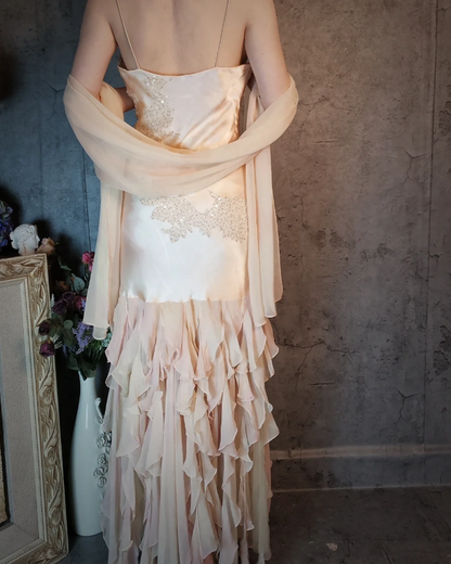 Elegant Light Pink Mermaid Beaded Layered Ruffled Satin Prom Dress Evening Dress P4321