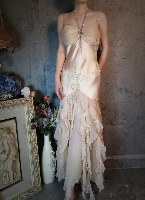 Elegant Light Pink Mermaid Beaded Layered Ruffled Satin Prom Dress Evening Dress P4321