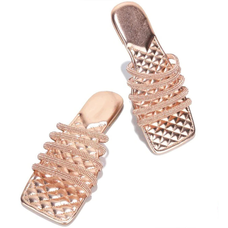 Women's Champagne Square Toe Rhinestones Strappy Flat Mules