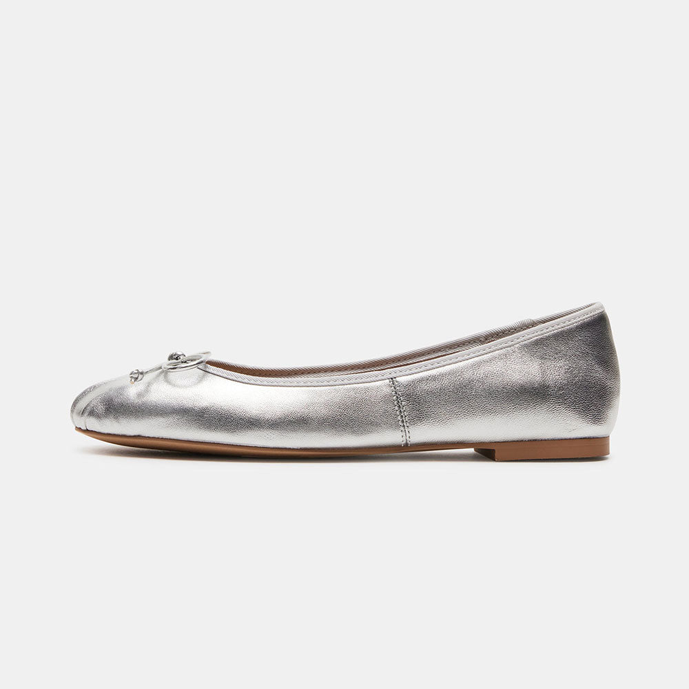 Stylish Silver Metallic Bow Embellished Square-Toe Ballet Flats
