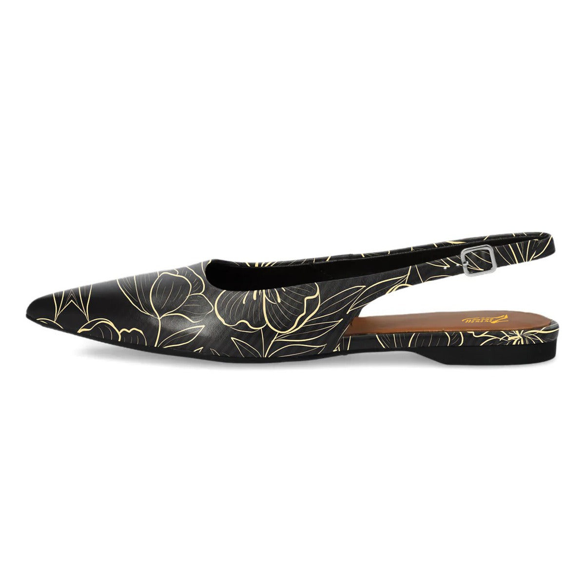 Black Pointed Toe Gold Flower Print Slingback Women's Dress Flats