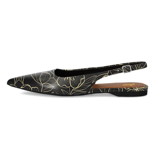 Black Pointed Toe Gold Flower Print Slingback Women's Dress Flats