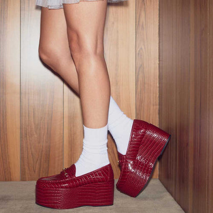 Red Crocodile Embossed Metal Strap Round Toe High Platform Loafers