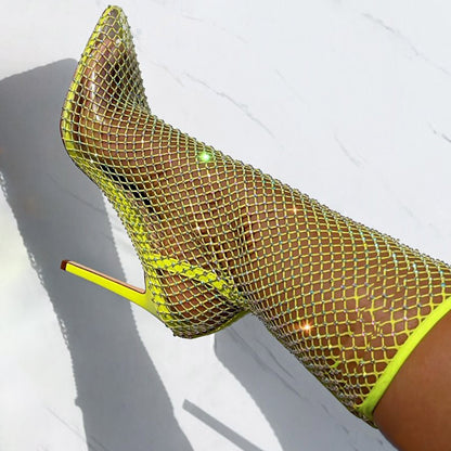 Yellow Rhinestone Mesh Pointed Toe Stiletto Heel Summer Boots