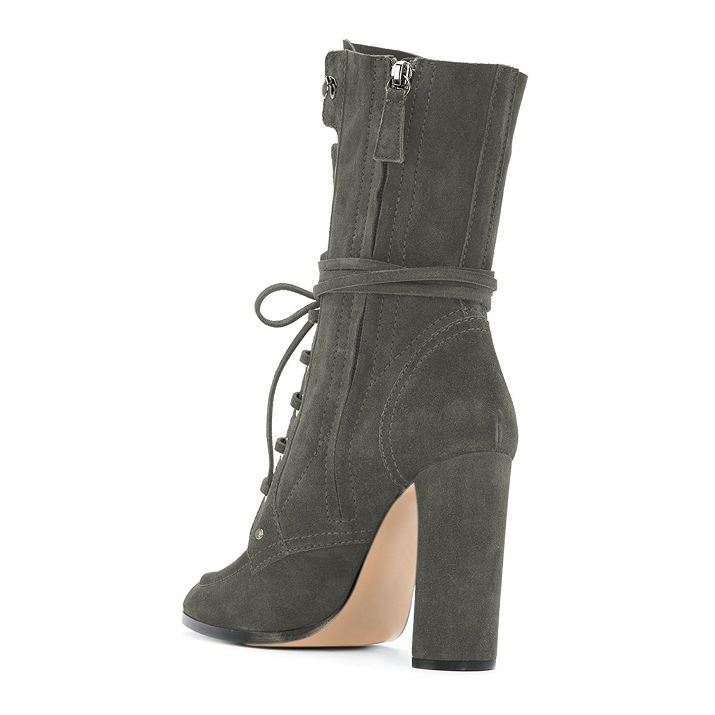 Grey Vegan Suede Lace Up Round Toe Chunky Heel Mid Calf Boots
