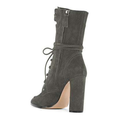 Grey Vegan Suede Lace Up Round Toe Chunky Heel Mid Calf Boots
