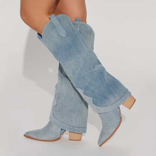 Blue Denim Pointed Toe Stacked Heel Fold Over Western Knee High Boots