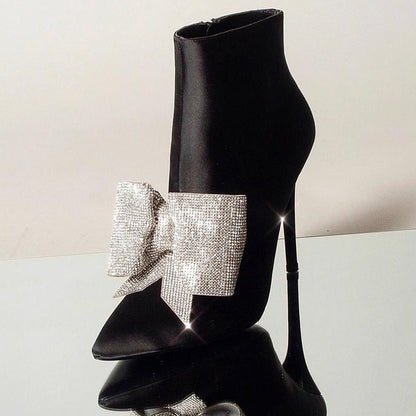 Black Satin Stiletto Booties Pointy Toe Rhinestone Bow Ankle Boots