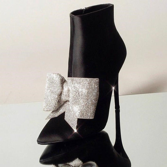Black Satin Stiletto Booties Pointy Toe Rhinestone Bow Ankle Boots