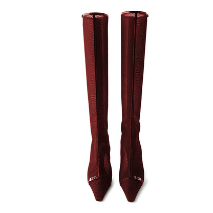 Red Mesh Pointed Toe Stiletto Heel Buckle Strap Zip Knee High Boots