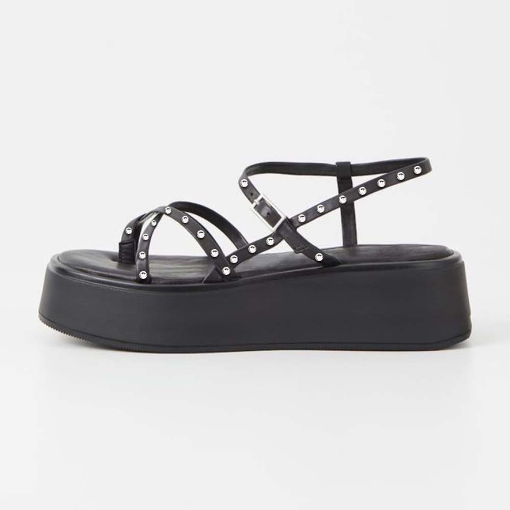 Black Summer Sandals With Platform Rhinestone Strapy Flats