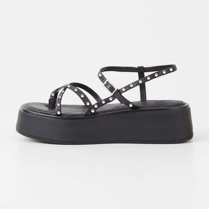 Black Summer Sandals With Platform Rhinestone Strapy Flats
