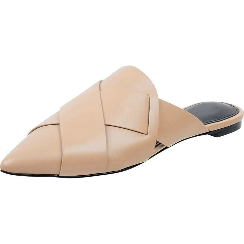 Nude Pointed Toe Braided Flat Mule Loafers for Women