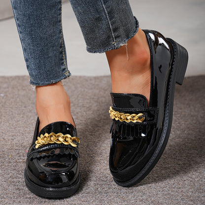Black Patent Leather Rounded Toe Block Heel Loafers with Gold Chain