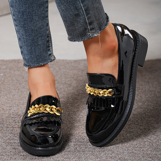 Black Patent Leather Rounded Toe Block Heel Loafers with Gold Chain