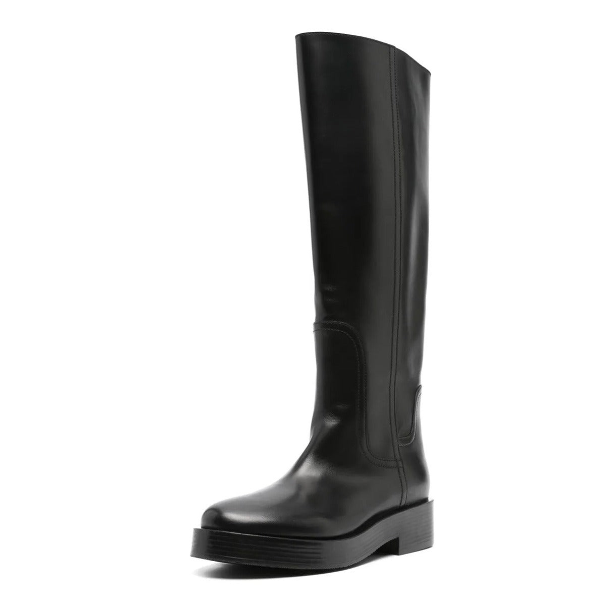Black Round Toe Pull-On Chunky Heel Platform Knee High Boots