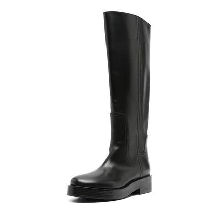 Black Round Toe Pull-On Chunky Heel Platform Knee High Boots