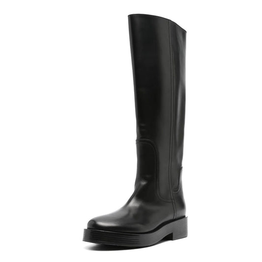 Black Round Toe Pull-On Chunky Heel Platform Knee High Boots