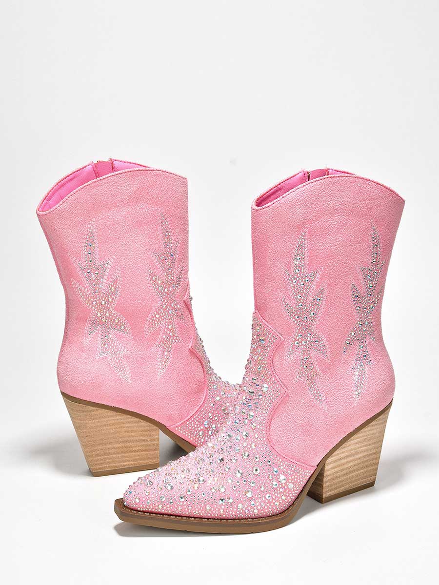 Pink Faux Suede Pointed Toe Rhinestone Embellished Heeled Cowgirl Ankle Boots