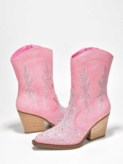 Pink Faux Suede Pointed Toe Rhinestone Embellished Heeled Cowgirl Ankle Boots