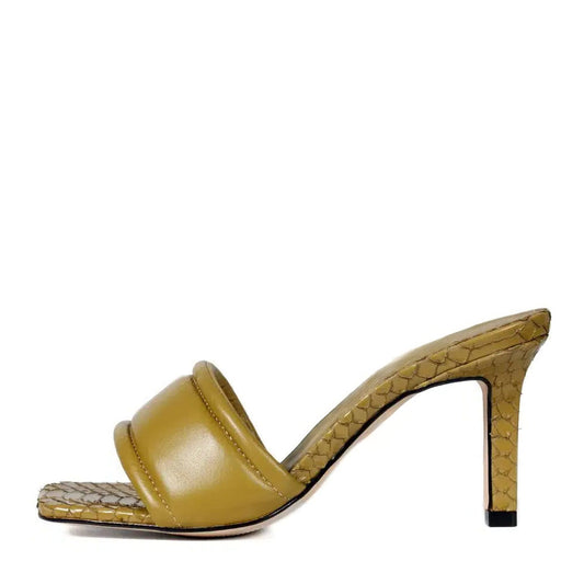 Women's Olive Sandals Classic Square Toe Kitten Heel Mules Shoes