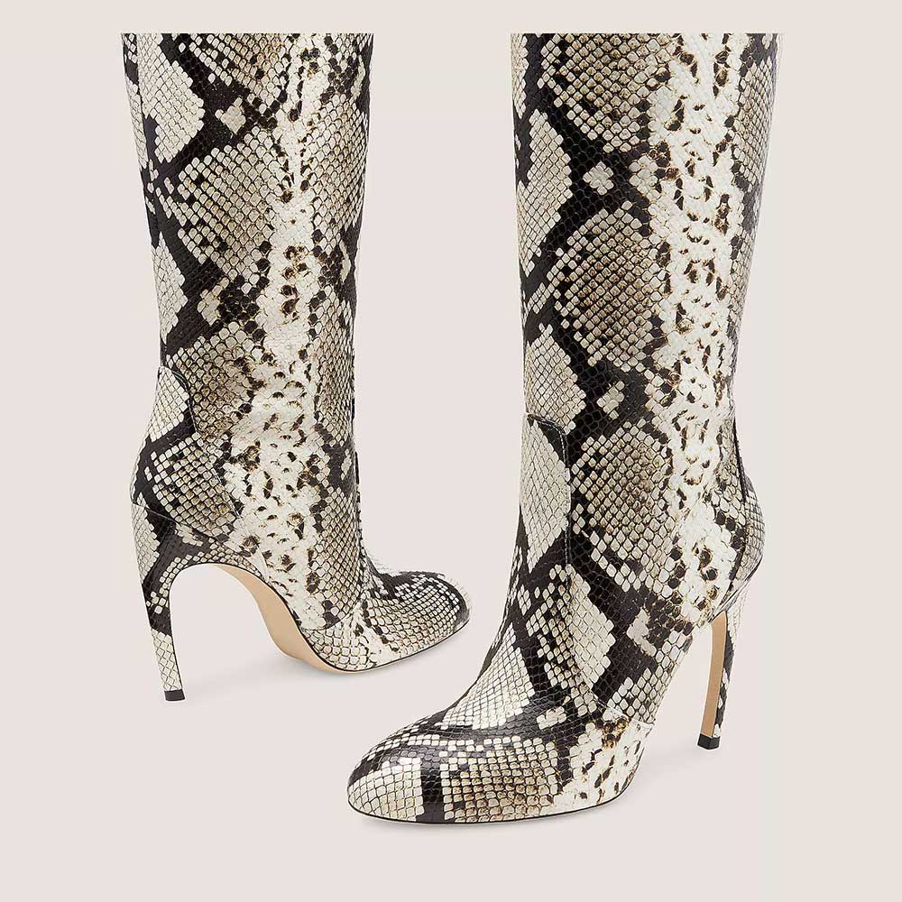 Gray Snakeskin Pointed Toe 4'' Stiletto Heel Wide Calf Knee High Boots