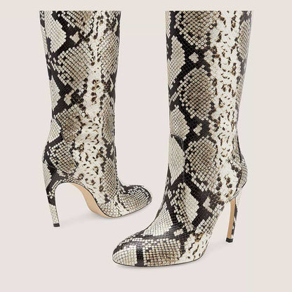 Gray Snakeskin Pointed Toe 4'' Stiletto Heel Wide Calf Knee High Boots