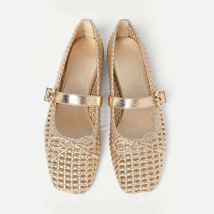 Gold Metallic Finish Woven Square Toe Bow Buckle Strap Flats