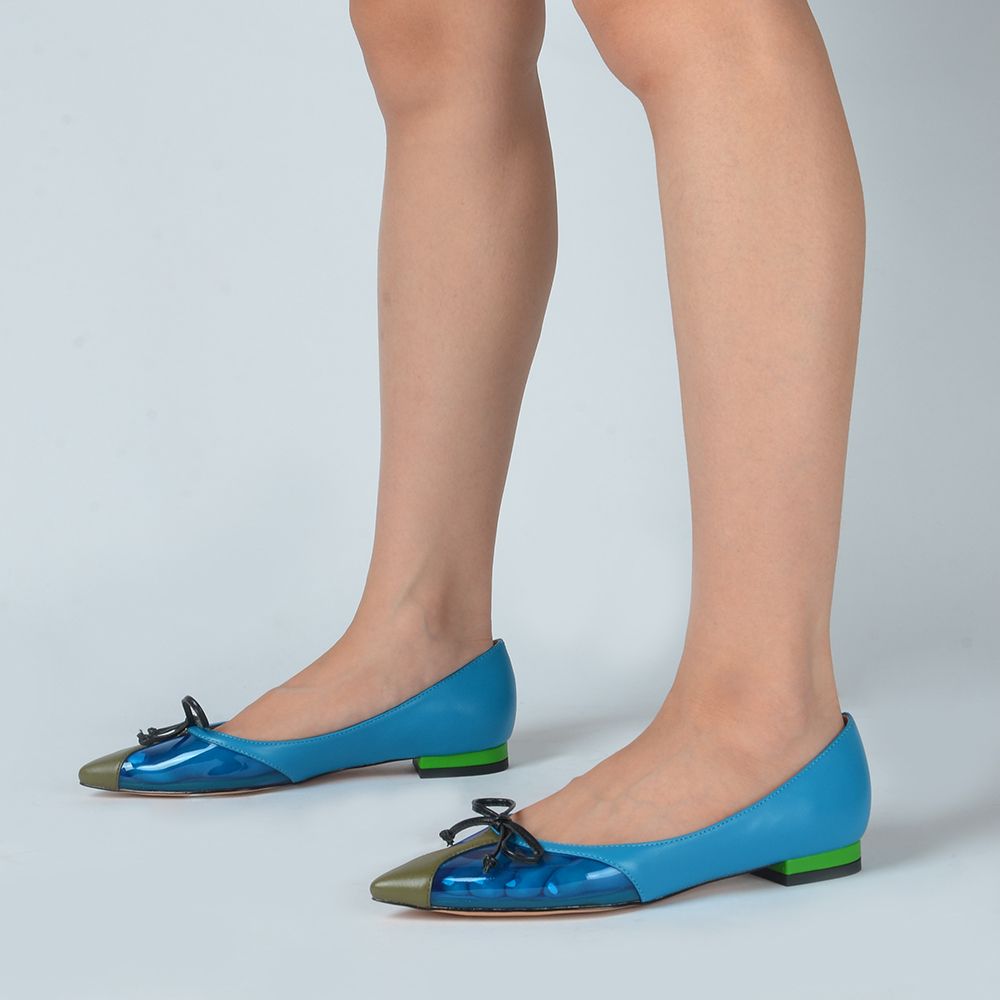 Blue Pointed Toe PVC Splicing Design Fashion Flats with Bow Knot