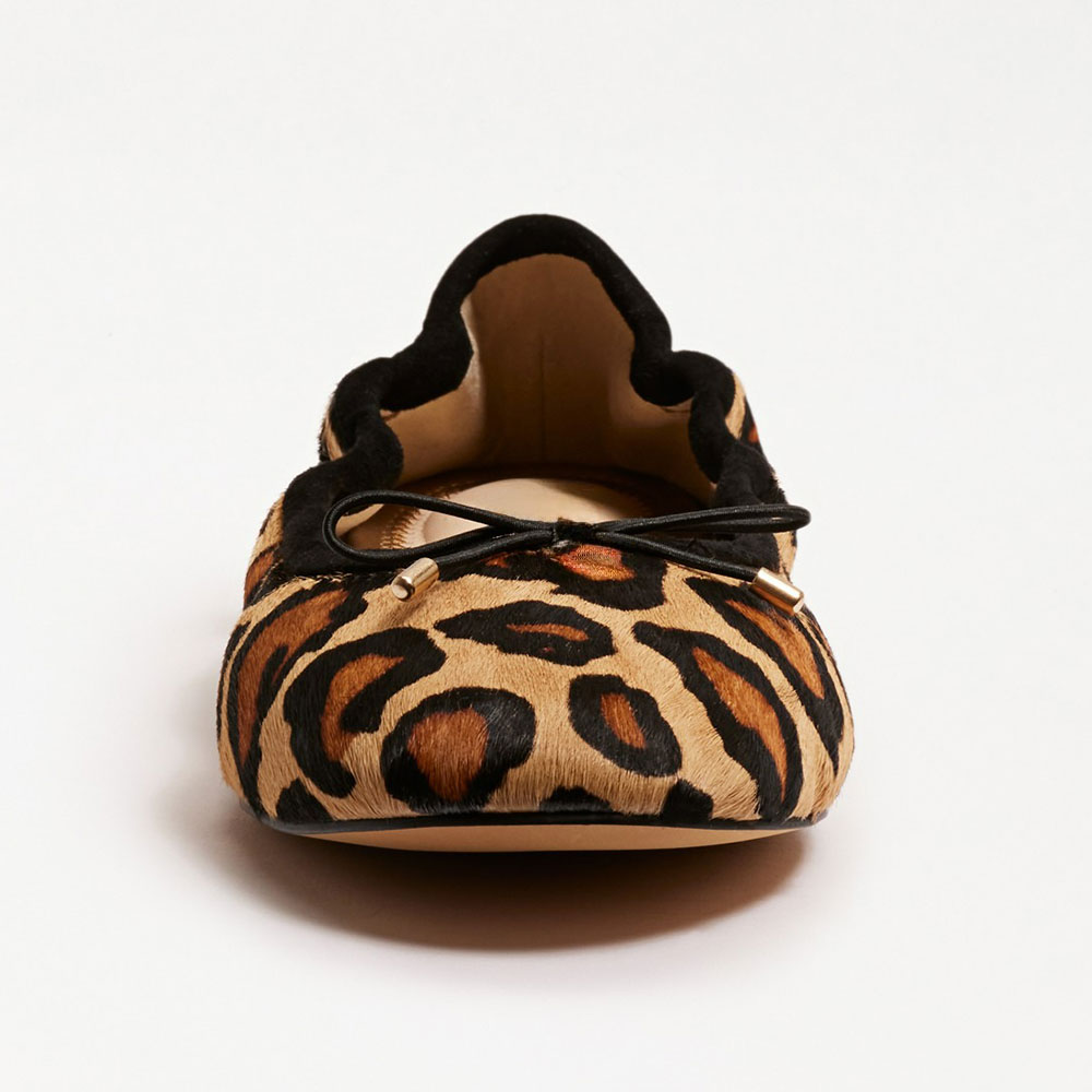 Tan Round Toe Bow Accent Elastic Top Line Leopard Flats by FSJ