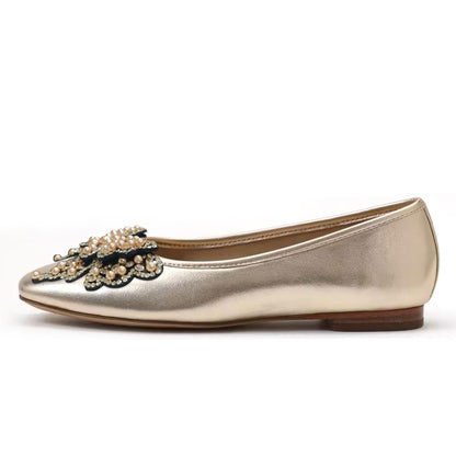 Gold Patent Leather Flats With Pearl Butterfly Decor Flats