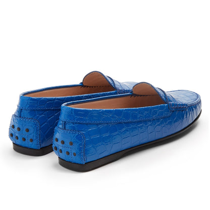 Blue Croco Embossed Round Toe Casual Flats Penny Loafers for Women