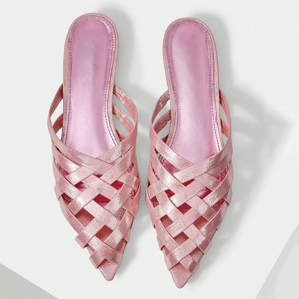 FSJ Chic Pink Woven Pointed Toe Flat Mule Shoes for Women