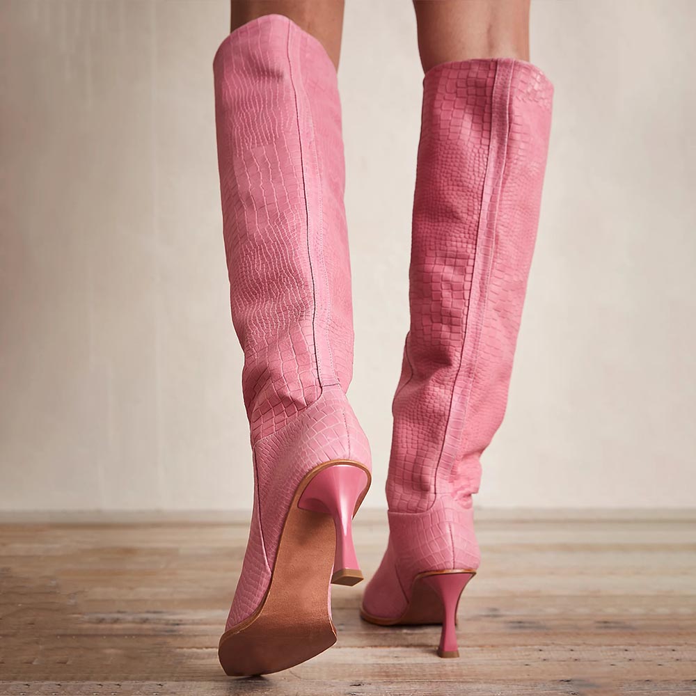 Pink Snip Toe 3'' Kitten Heel Wide Calf Croc Embossed Knee High Boots