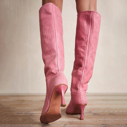 Pink Snip Toe 3'' Kitten Heel Wide Calf Croc Embossed Knee High Boots