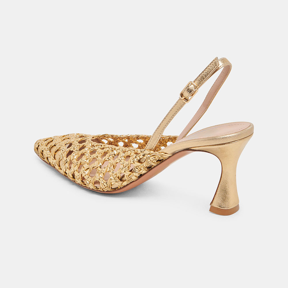 Gold Metallic Finish Pointed Toe Woven Cut-Out Slingback Heels