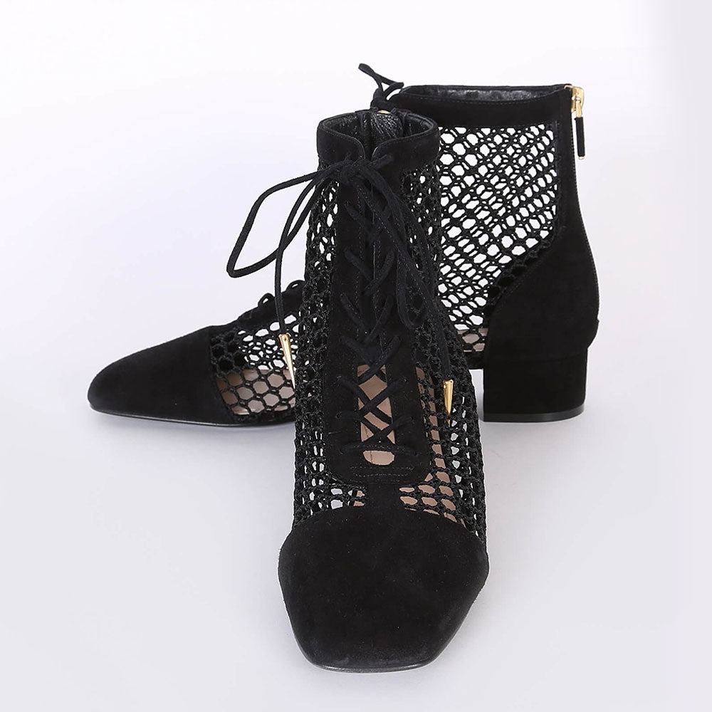 Black Nets Lace Up Summer Booties Block Heel Ankle Boots