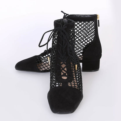 Black Nets Lace Up Summer Booties Block Heel Ankle Boots