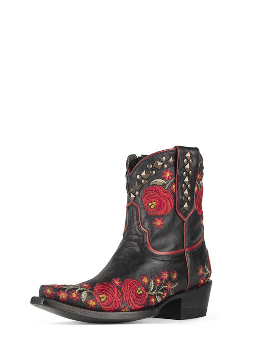 Black Snip Toe Floral Embroidery Studded Block Heeled Cowgirl Ankle Boots