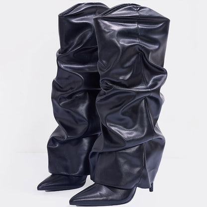 Women's Black Pointed Toe Wrinkled Fold-Over Boots with Stiletto Heel