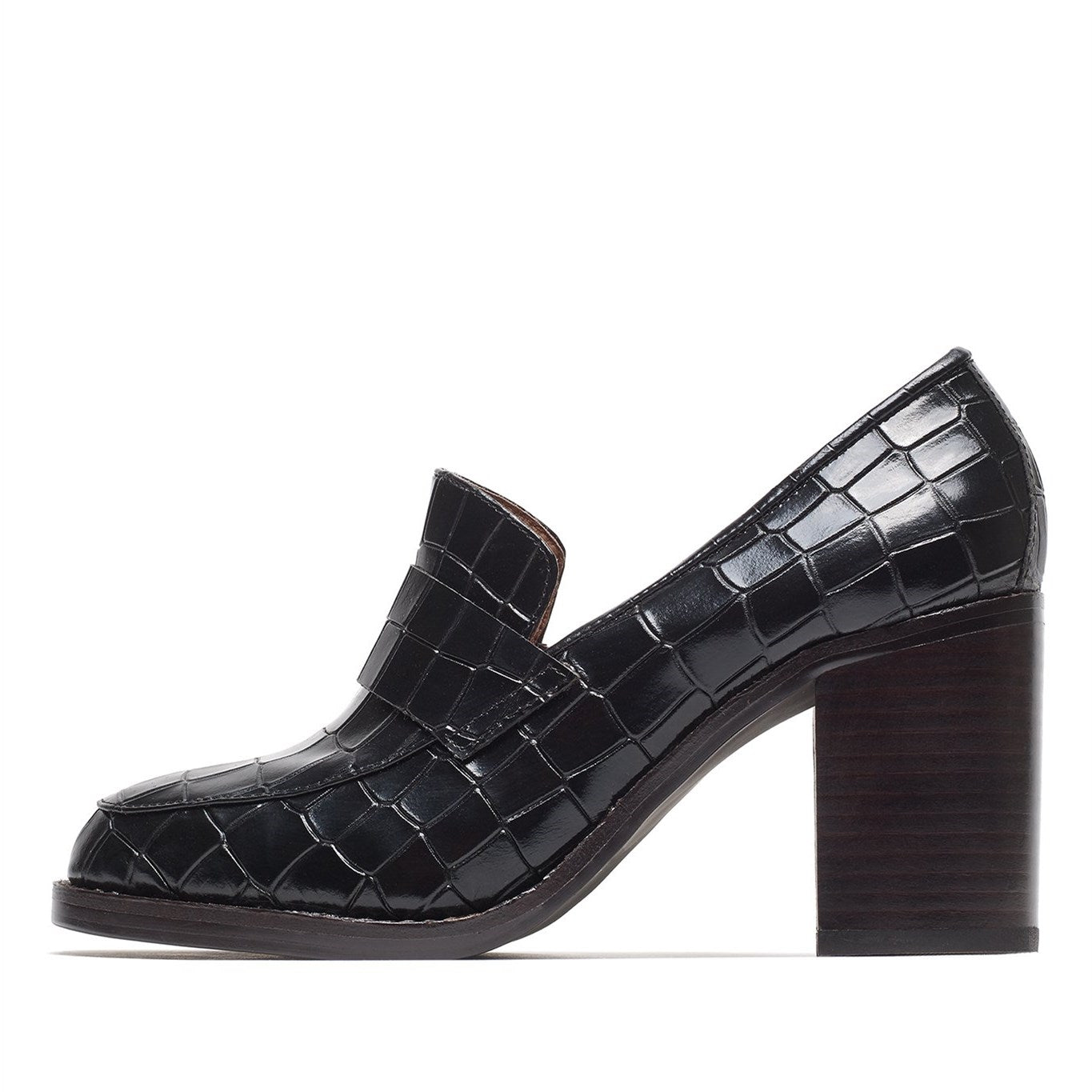 Black Round Toe Croco Embossed Heeled Loafers for Women
