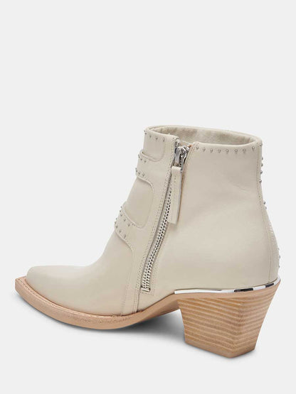 Ivory Vegan Leather Snip Toe Side-Zip Cowgirl Ankle Boots With Chunky Heels
