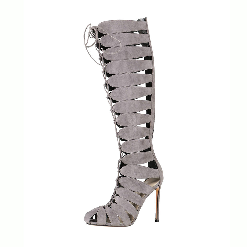 Gray Vegan Suede Cut-Out Round Toe Lace-Up Gladiator Knee High Boots