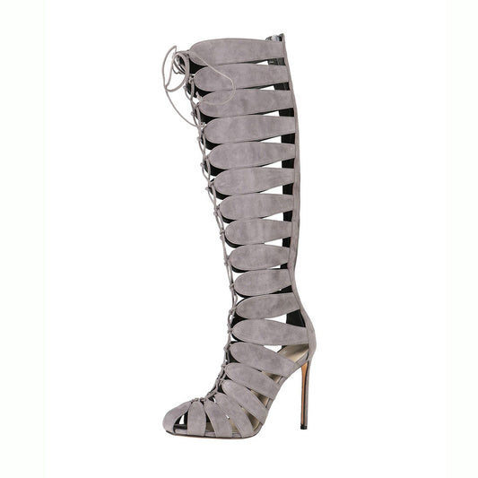 Gray Vegan Suede Cut-Out Round Toe Lace-Up Gladiator Knee High Boots