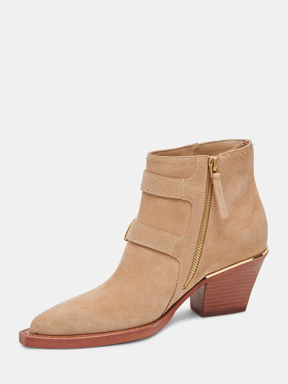 Brown Faux Suede Snip Toe Side-Zip Cowgirl Ankle Boots With Chunky Heels