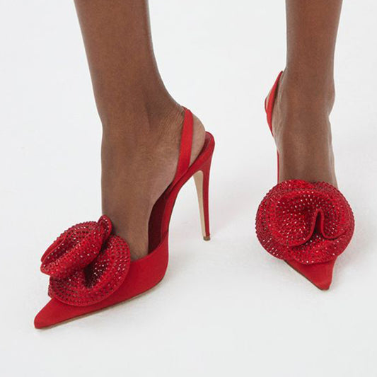 Women's Red Vegan Suede Pointed Toe Rhinestone Floral Slingback Pumps