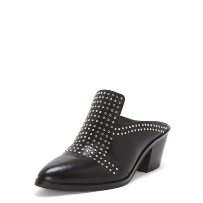 Black Block Heels Almond Toe Studded Mule Loafers for Women