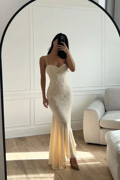Mermaid Spaghetti Straps Ivory Lace Floor Length Prom Dresses Chiffon Evening Dress cg26207