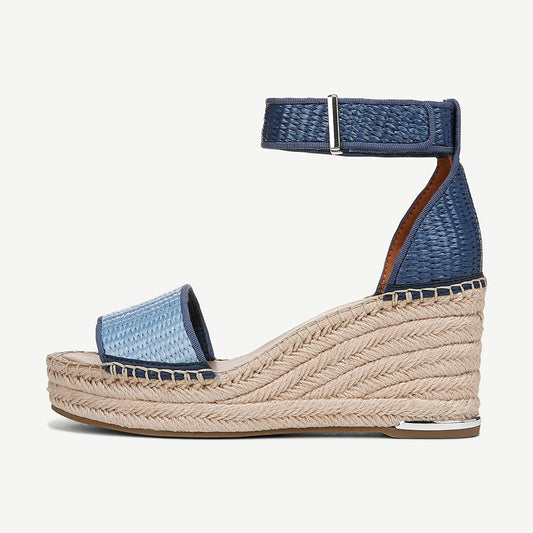 Blue and Navy Woven Open Toe Ankle Strap Espadrille Wedge Sandals